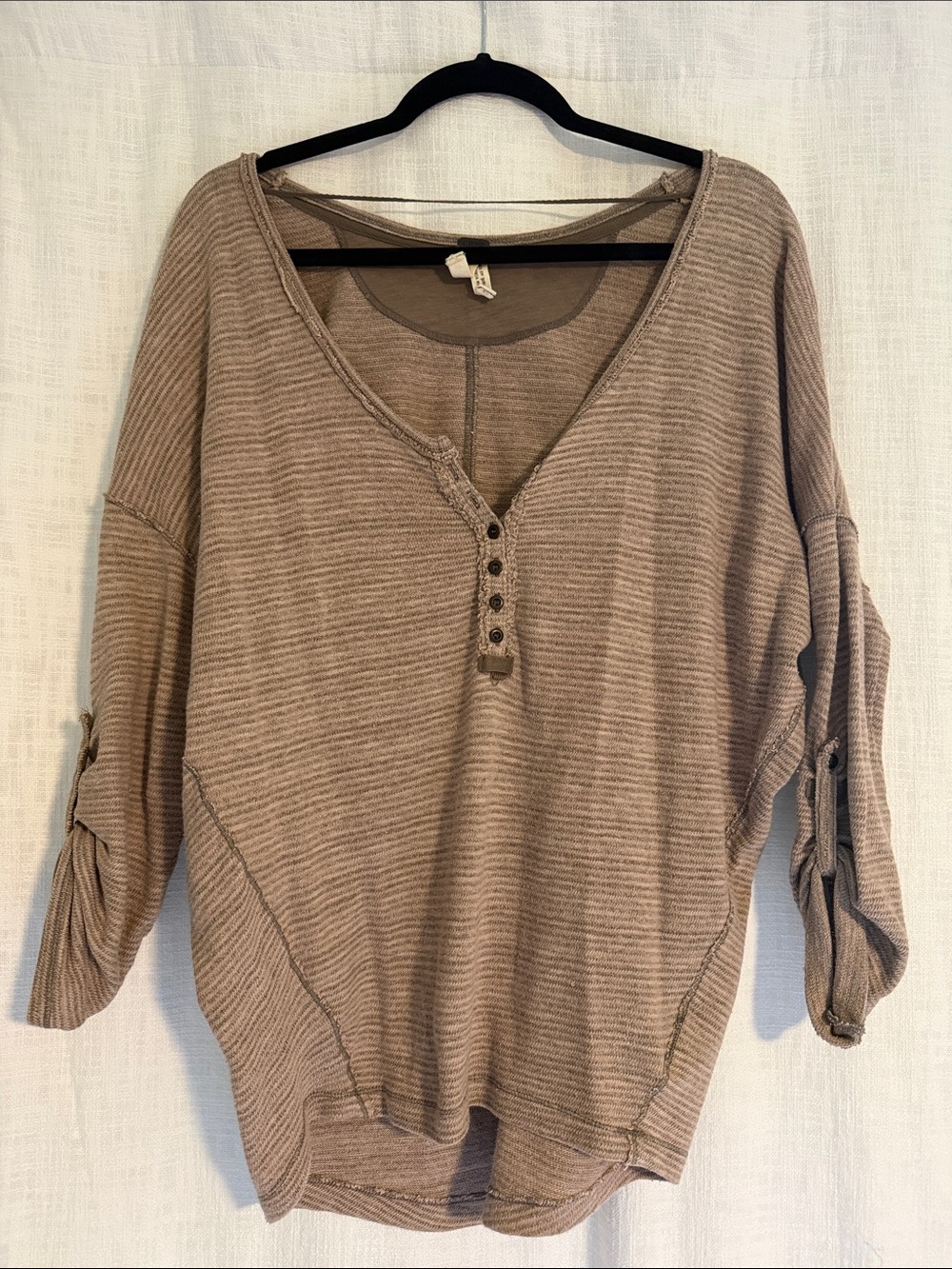 We The Free Taupe Striped Henley Long Sleeve Top